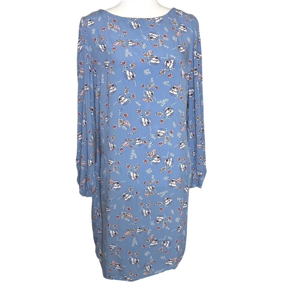 Oodji Ultra Womens M Blue Floral Long‎ Sleeve Shift Dress Church Office Boho